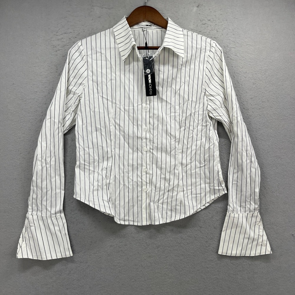Fashion Nova Shirt Women L White Black No Time To Chat Striped Poplin Flare Cuff